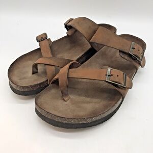 Mountain Sole Brown Leather Sandals Women's 10M Adjustable Buckle Strap Thongs